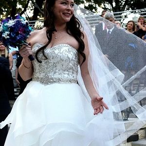 Beaded bodice sweetheart satin/organza wedding dress, Ivory, size 12/14
